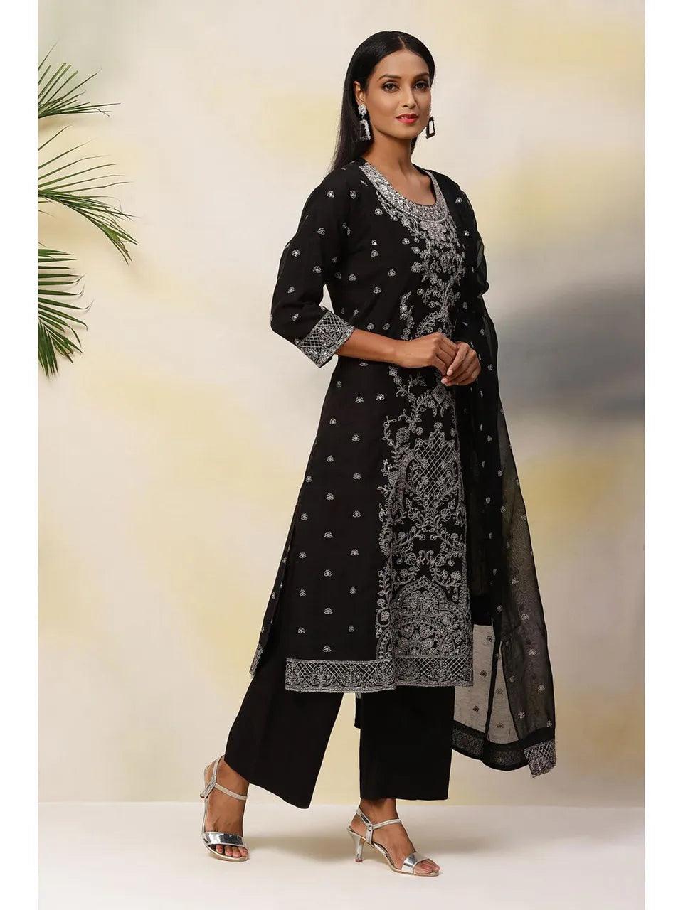 Women's Black Art Silk Straight Suit (Set of 3) - BIBA - Indiakreations