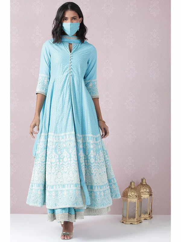 Women's Powder Blue Cotton Anarkali Suit (Set of 4) - BIBA - Indiakreations