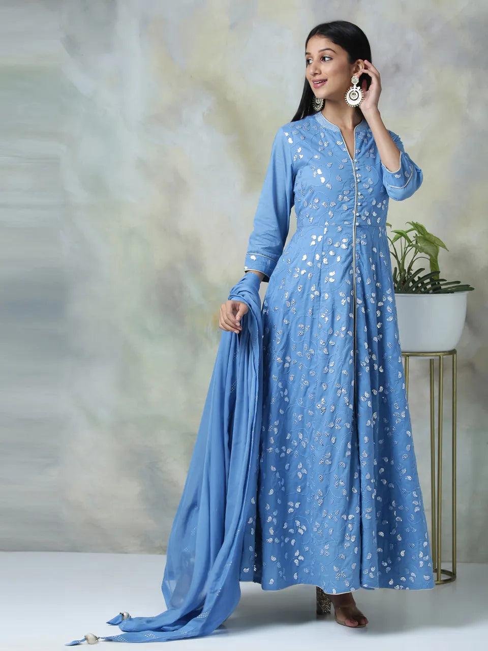 Women's Blue Embroidered Anarkali With Skirt And Dupatta & Mask (Set of 4) - BIBA - Indiakreations