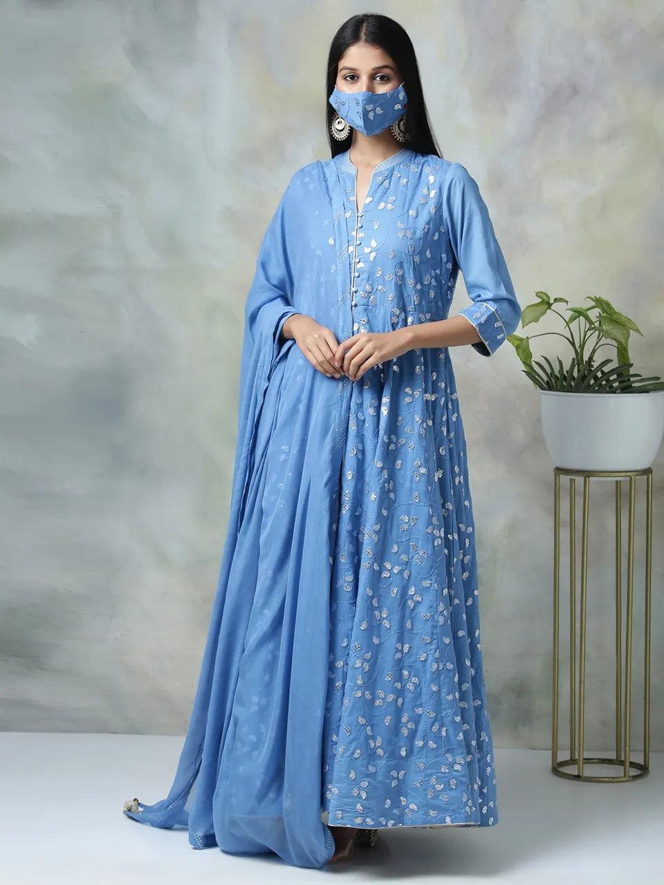 Women's Blue Embroidered Anarkali With Skirt And Dupatta & Mask (Set of 4) - BIBA - Indiakreations