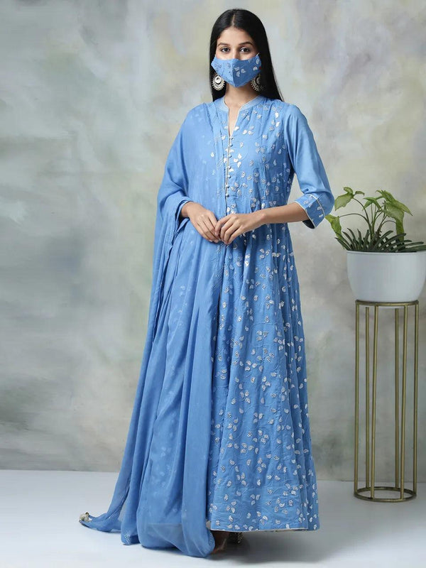 Women's Blue Embroidered Anarkali With Skirt And Dupatta & Mask (Set of 4) - BIBA - Indiakreations