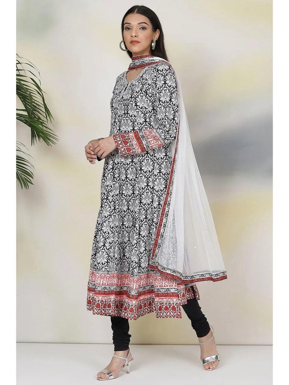 Women's Black and White Rayon Kalidar Suit (Set of 4) - BIBA - Indiakreations