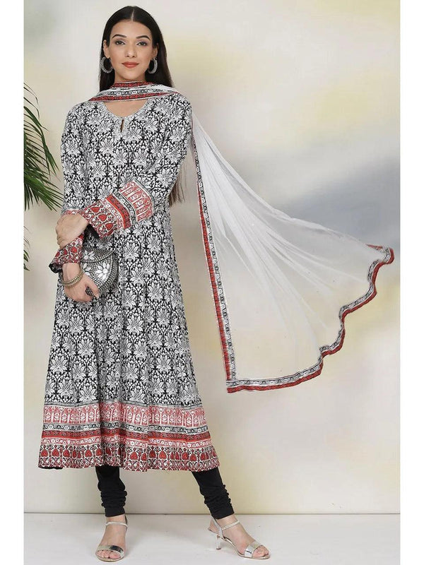 Women's Black and White Rayon Kalidar Suit (Set of 4) - BIBA - Indiakreations