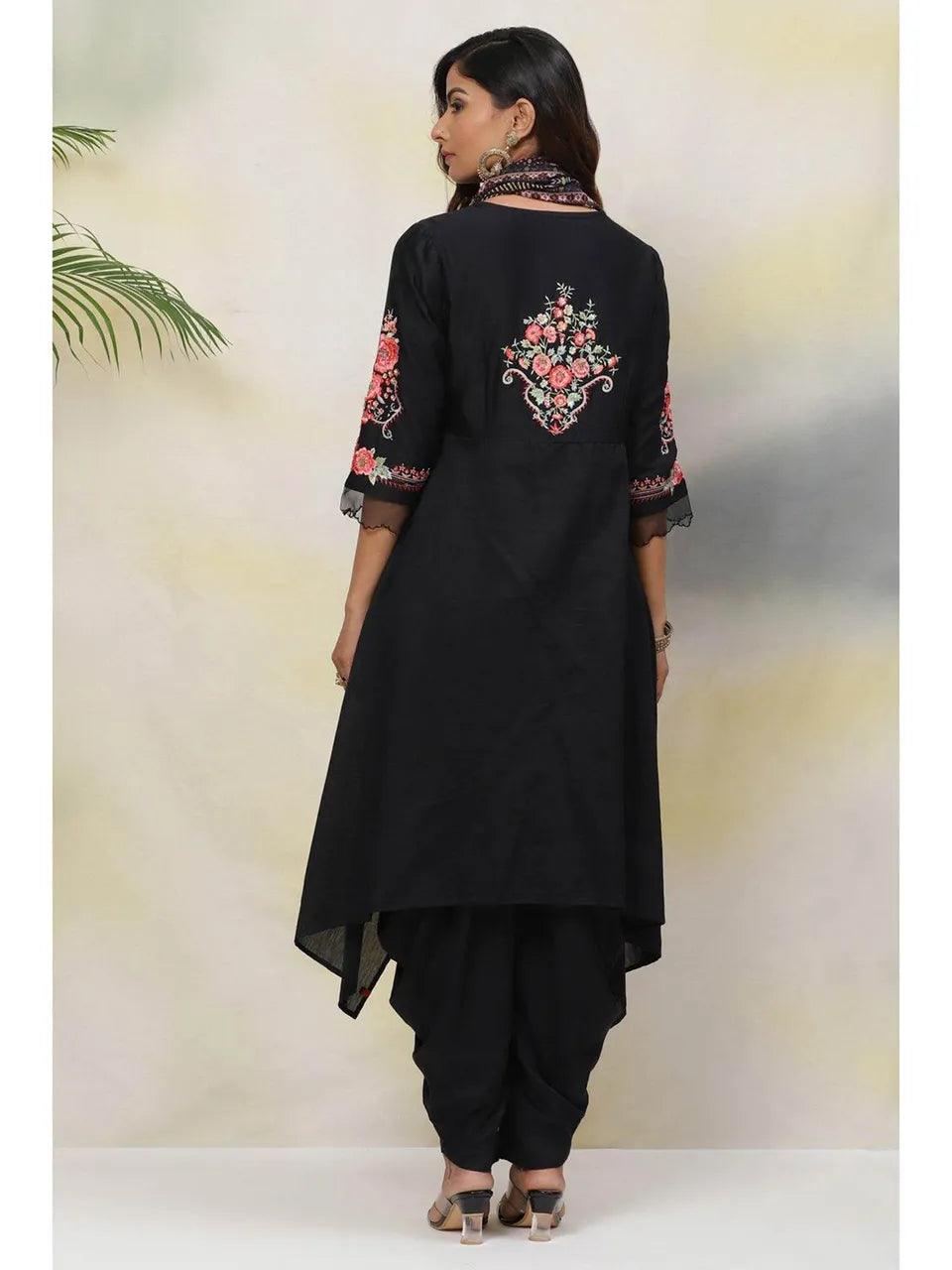 Women's Black Cotton Silk Asymmetric Suit (Set of 4) - BIBA - Indiakreations