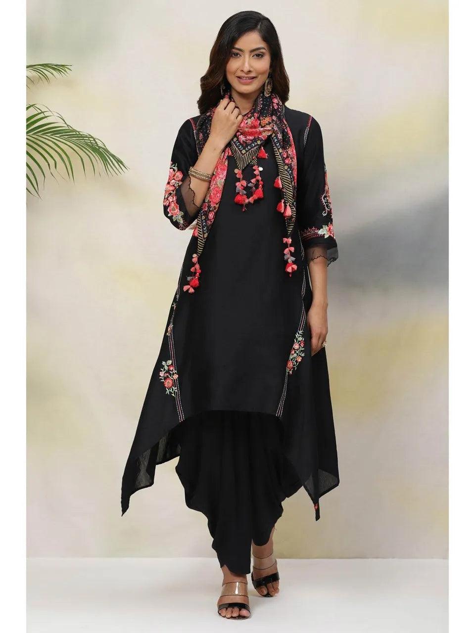 Women's Black Cotton Silk Asymmetric Suit (Set of 4) - BIBA - Indiakreations