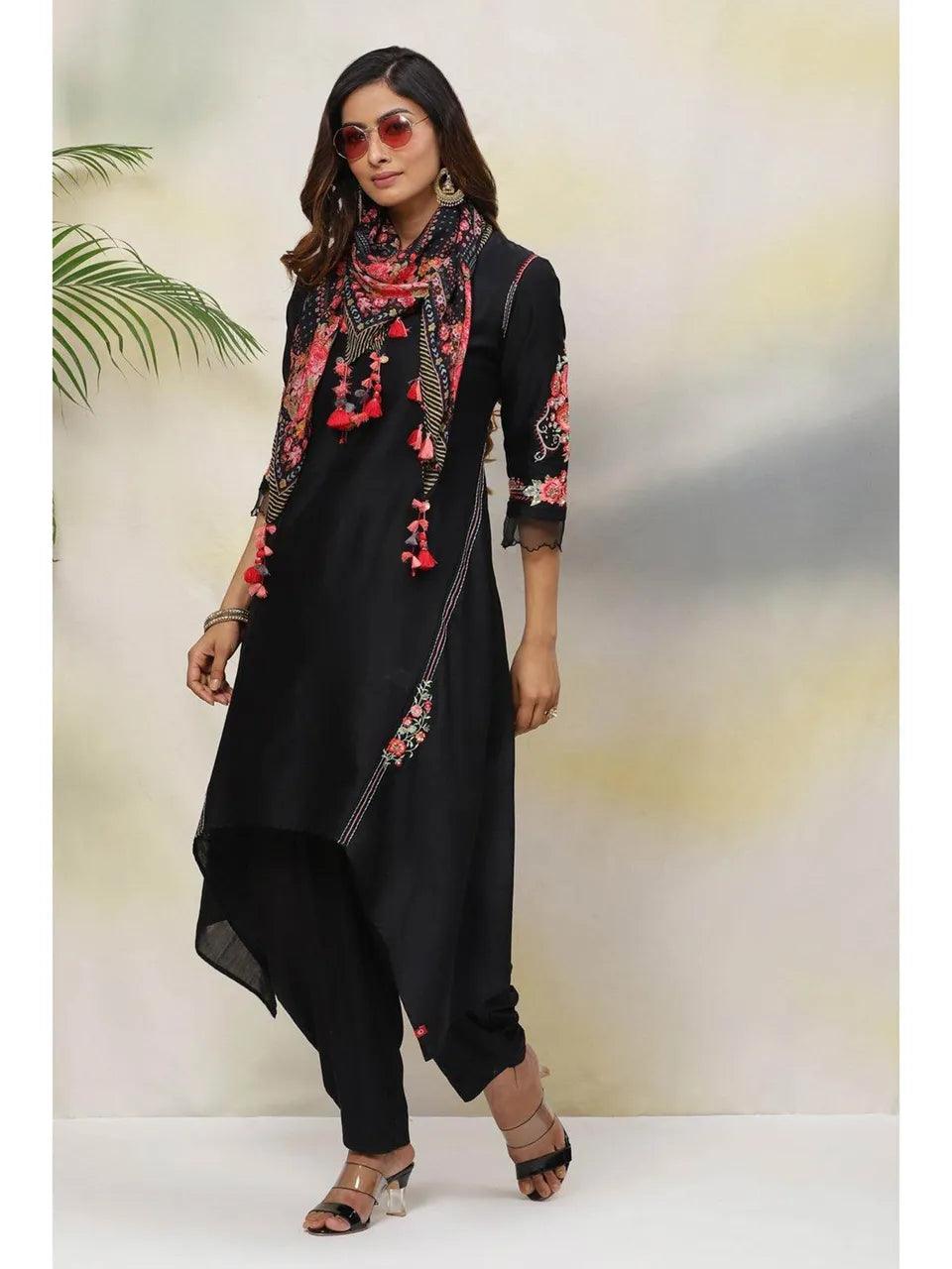 Women's Black Cotton Silk Asymmetric Suit (Set of 4) - BIBA - Indiakreations