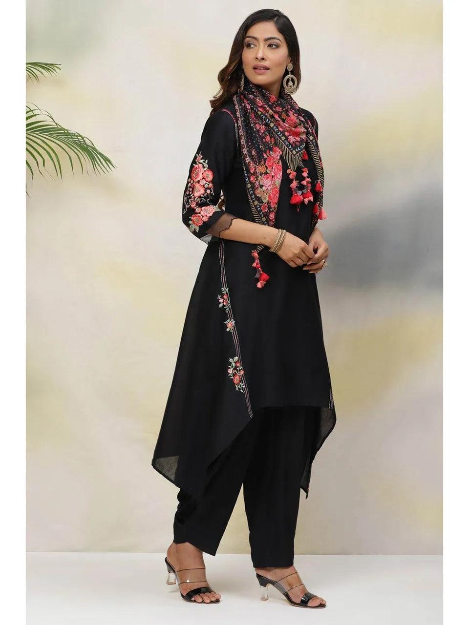 Women's Black Cotton Silk Asymmetric Suit (Set of 4) - BIBA - Indiakreations