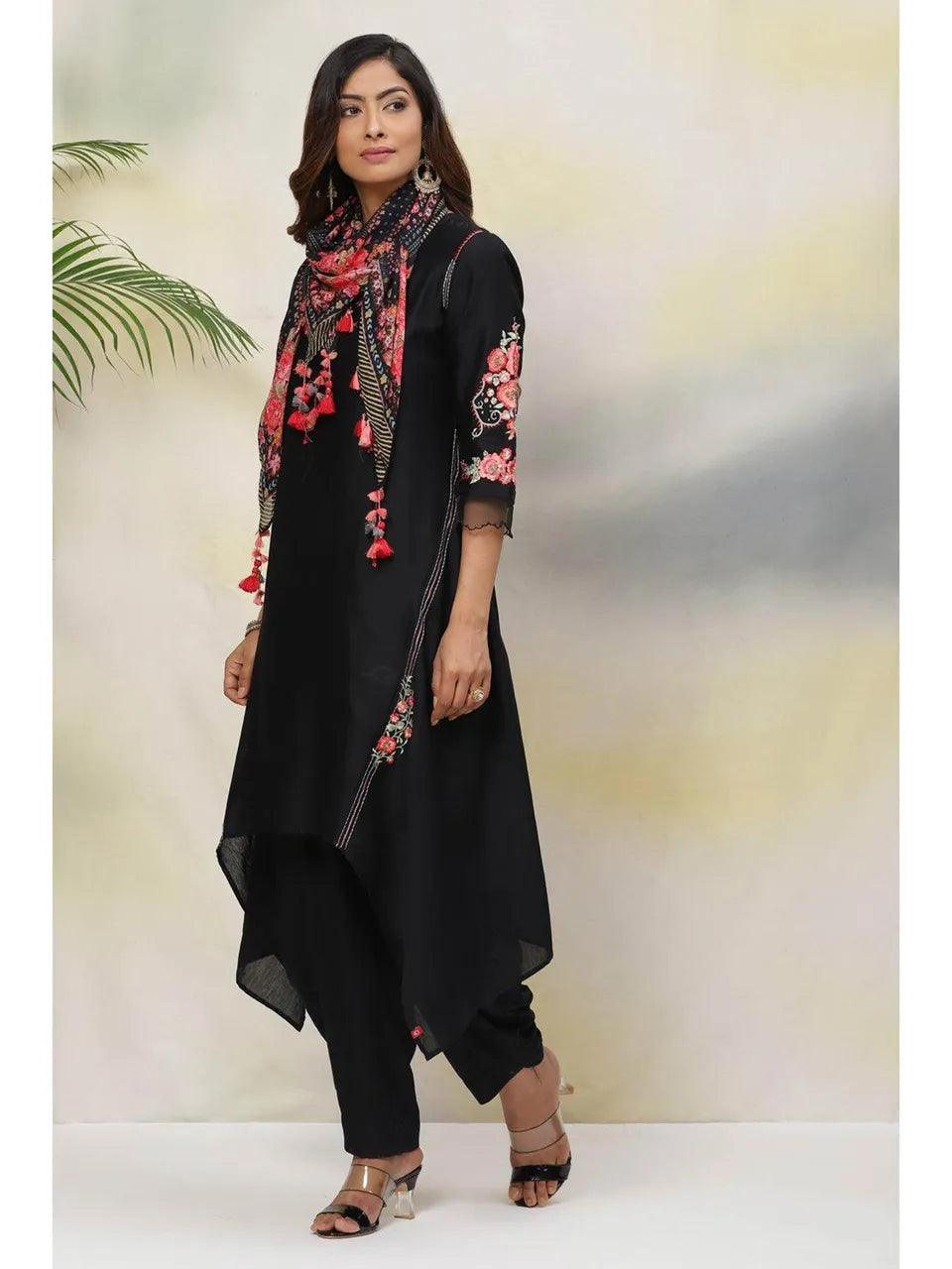 Women's Black Cotton Silk Asymmetric Suit (Set of 4) - BIBA - Indiakreations