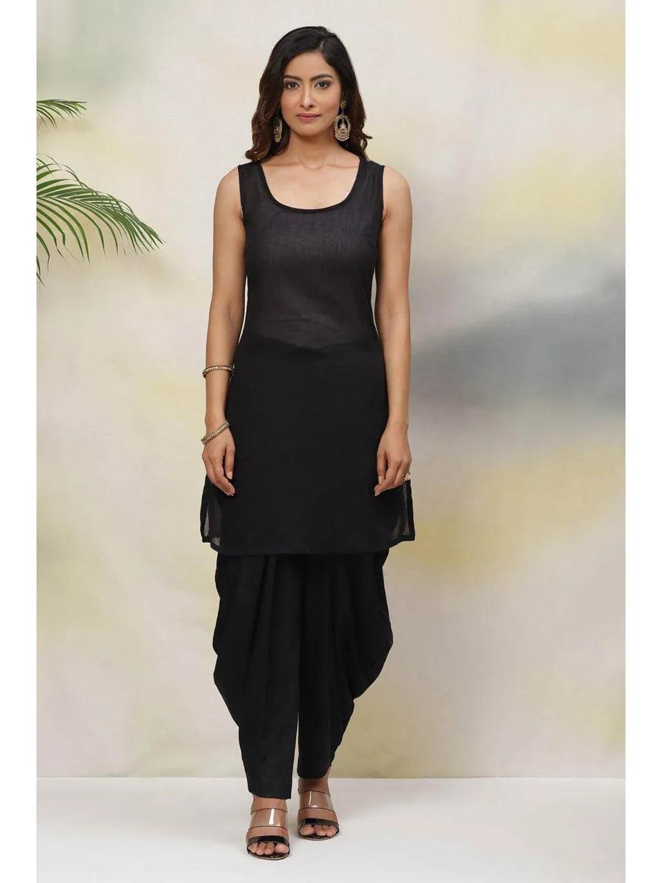 Women's Black Cotton Silk Asymmetric Suit (Set of 4) - BIBA - Indiakreations