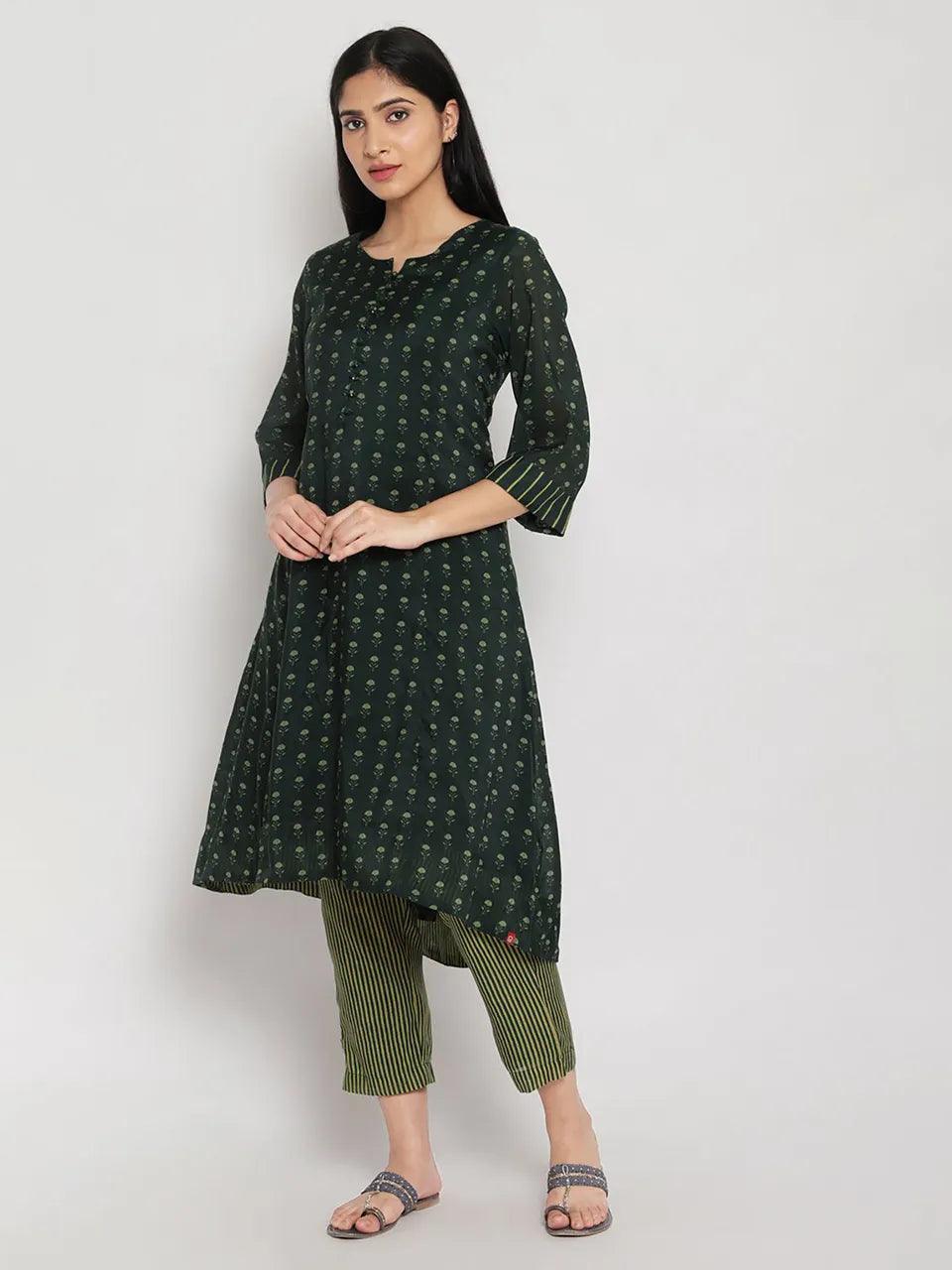 Women's Green Printed Kurta With Pant (Set of 2) - BIBA - Indiakreations