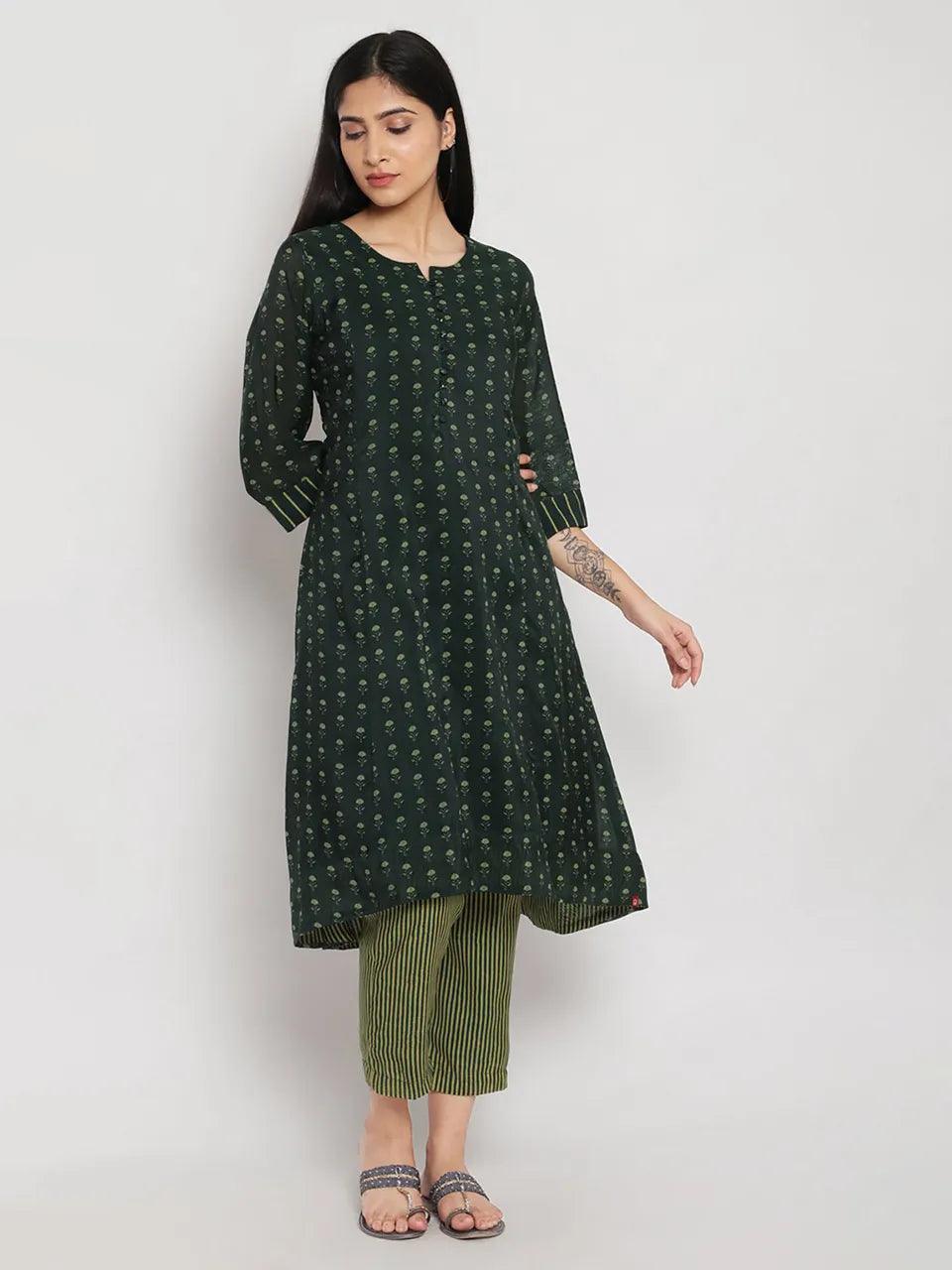 Women's Green Printed Kurta With Pant (Set of 2) - BIBA - Indiakreations