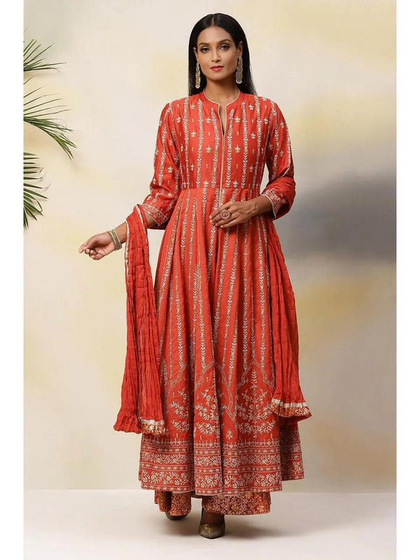 Women's Terracotta Cotton Silk Anarkali Suit (Set of 3) - BIBA - Indiakreations