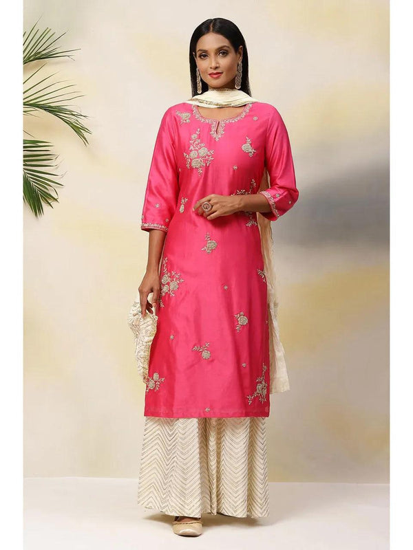 Women's Fuchsia Cotton Silk Straight Suit (Set of 3) - BIBA - Indiakreations