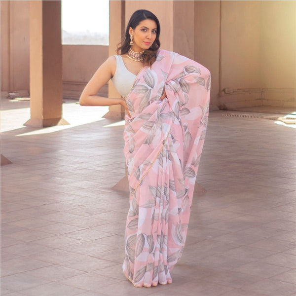 Peach Georgette Saree With Unstitched Blouse