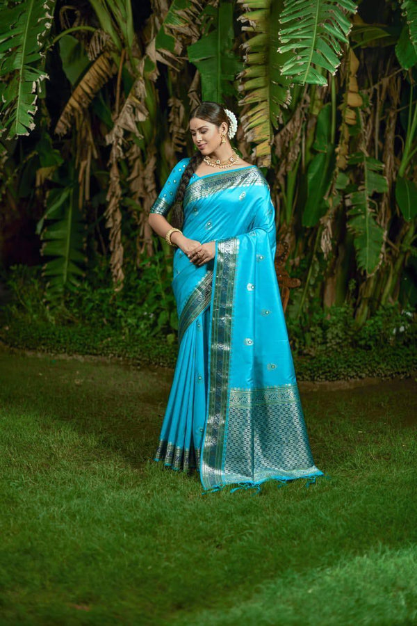 Sky Blue Banarasi Silk Saree - Indiakreations