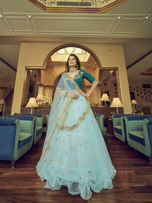 Women's Sky Blue Heavy Net Designer Lehenga Choli - Odette