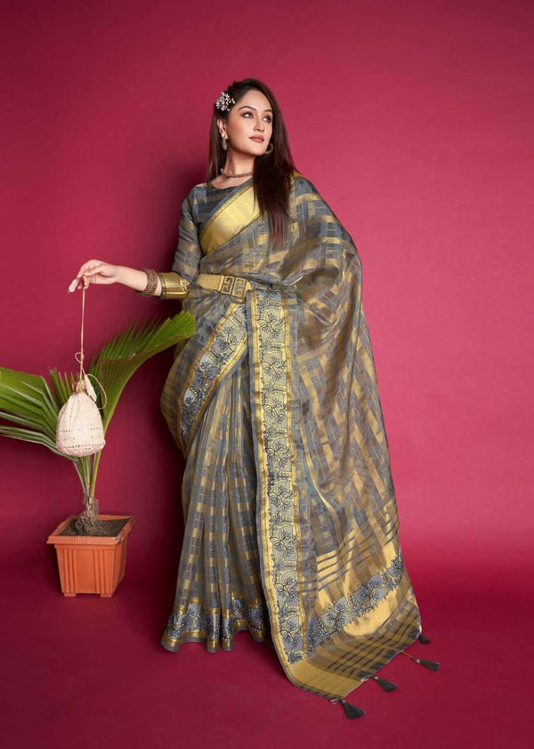 Slate Grey Organza Silk Saree - Indiakreations