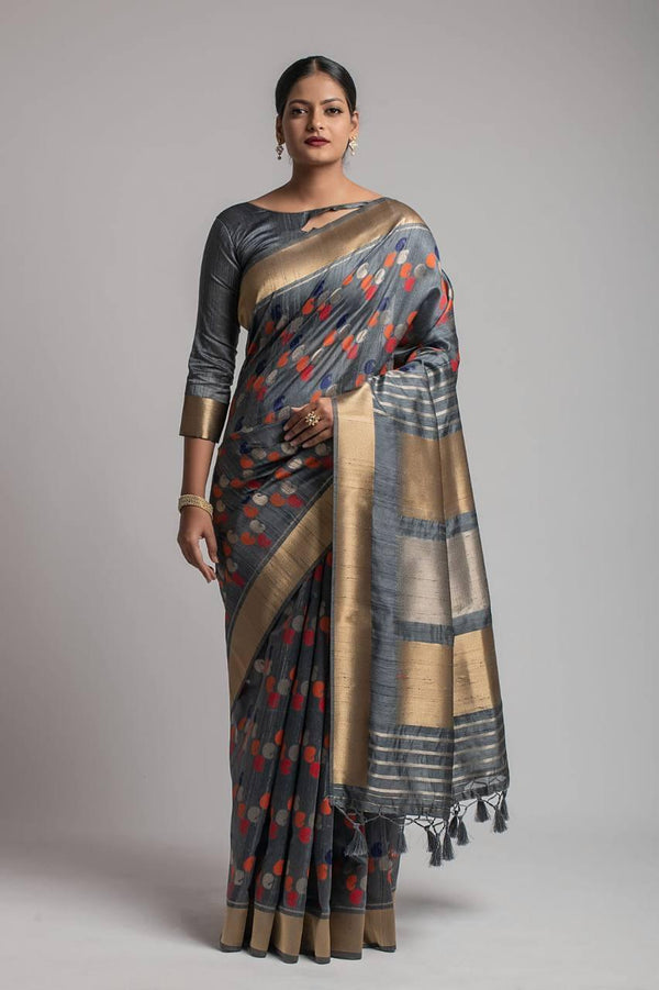 Slate Grey Paisley Kadampalli Tussar Silk Saree - Indiakreations