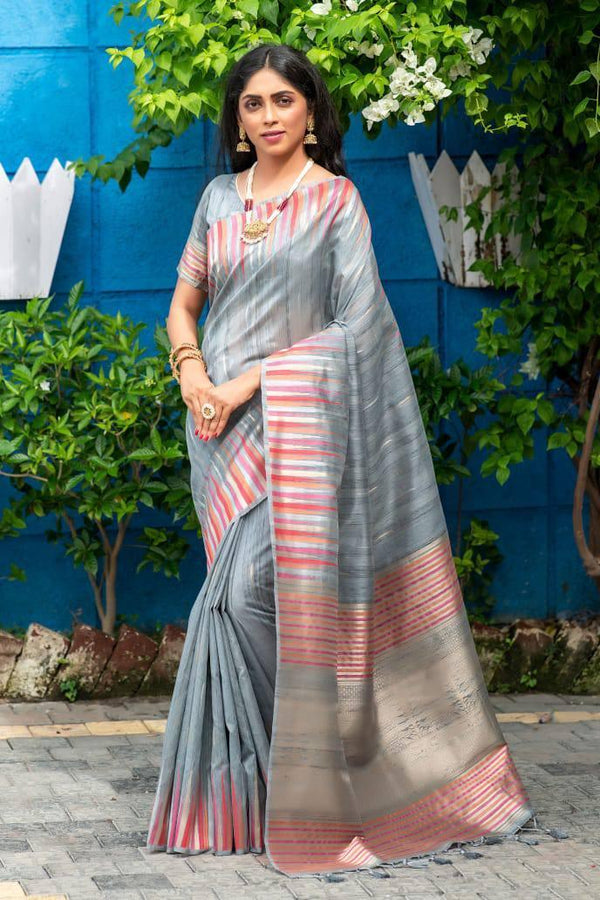 Slate Grey Tusser Silk Saree - Indiakreations