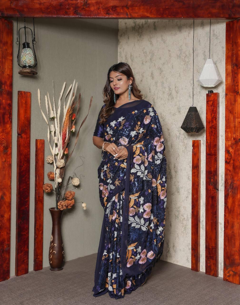 Space Blue Floral Georgette Sequins Saree - Indiakreations