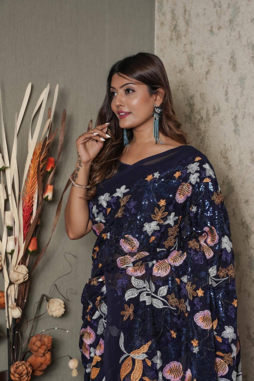 Space Blue Floral Georgette Sequins Saree - Indiakreations