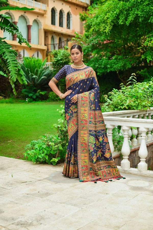 Space Blue Kashmiri Pashmina Silk Saree - Indiakreations