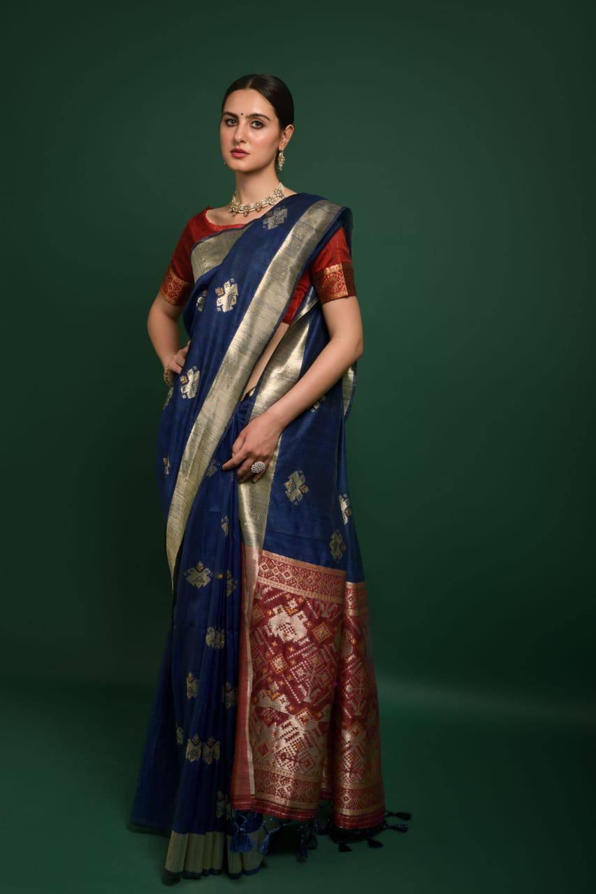 Space Blue Tussar Silk Patola Saree - Indiakreations