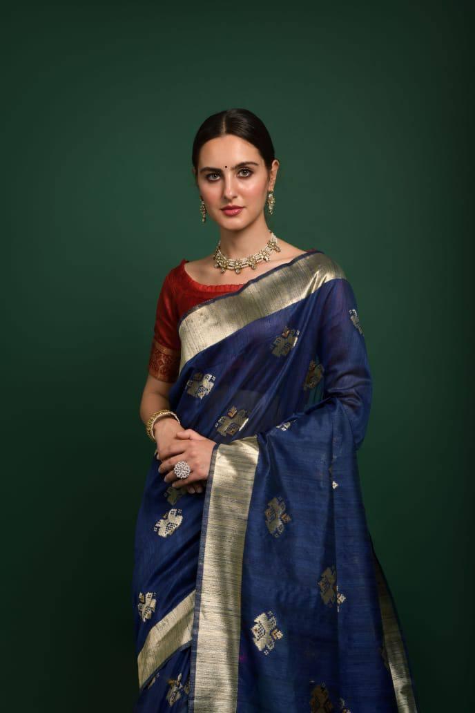 Space Blue Tussar Silk Patola Saree - Indiakreations