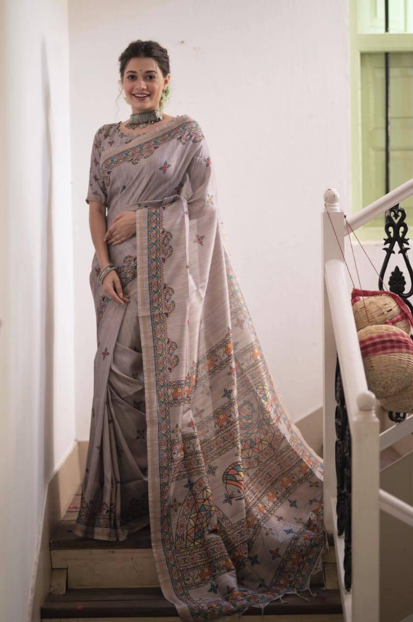 Stone Grey Madhubani Print Tusser Silk Saree - Indiakreations