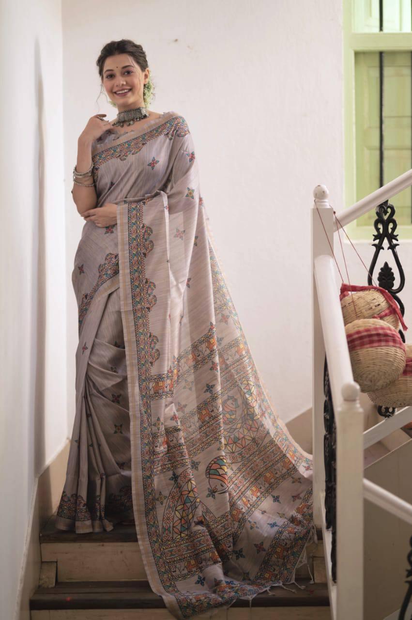 Stone Grey Madhubani Print Tusser Silk Saree - Indiakreations