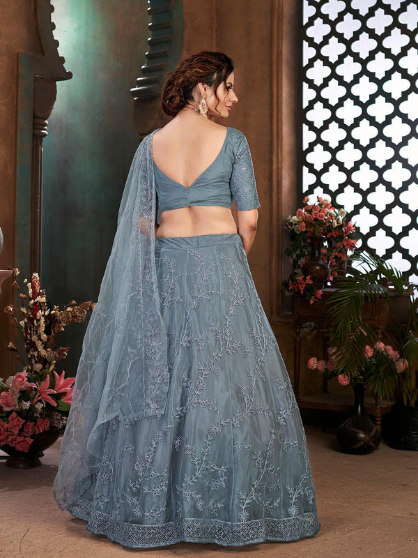 Women's Striking Grey Net Lehenga Set - Odette