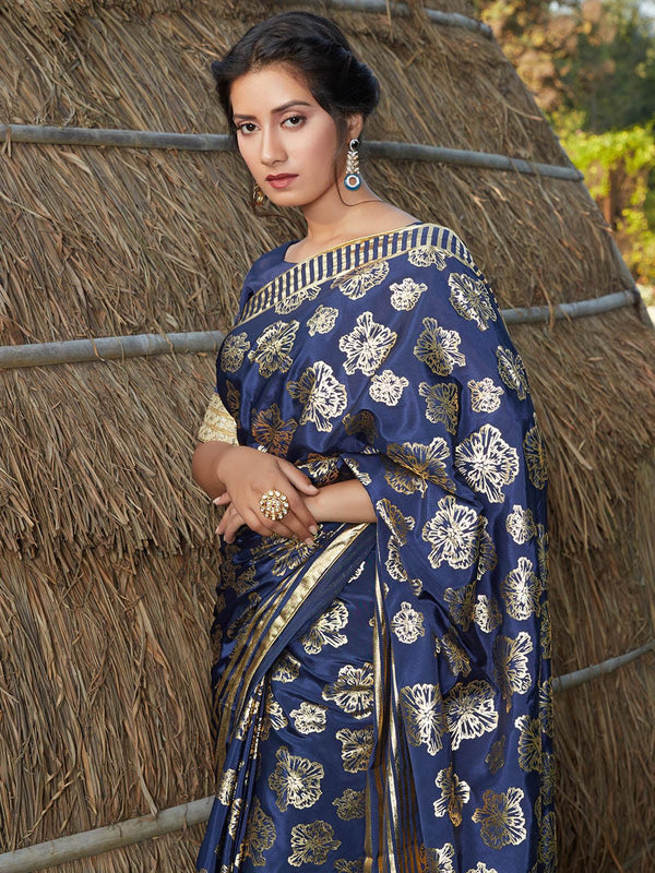 Women's Stunning Navy Blue Silk Saree - Odette