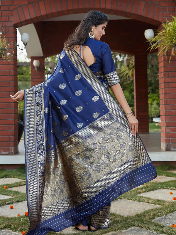 Women's Stunning Woven Navy Banarasi Silk Saree - Odette