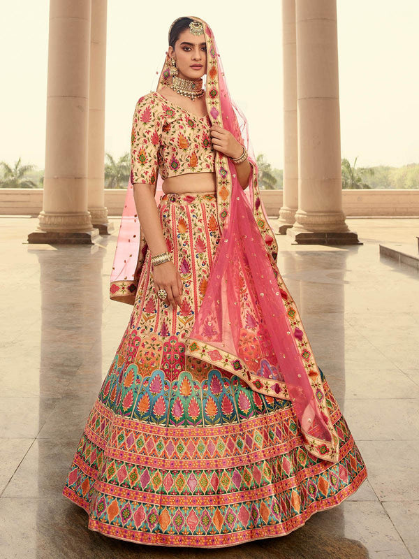 Women's Stylish Beige Art Silk Lehenga Choli Set - Odette