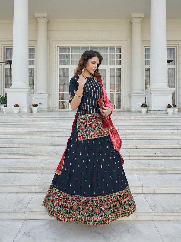 Women's Stylish Navy Blue Chinon Chiffon Lehenga Choli Set - Odette