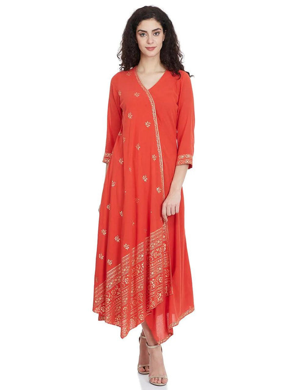 Women's Rust Printed Asymmetric Midi Dress - BIBA - Indiakreations