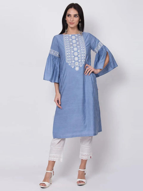 Women's Powder Blue Embroidered Straight Kurta - BIBA - Indiakreations