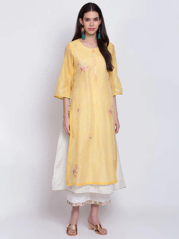 Women's Yellow Embroidered Kurta With Inner (Set of 2) - BIBA - Indiakreations