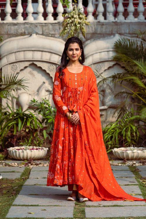 Gulmohar Red Printed Anarkali Set - Indiakreations