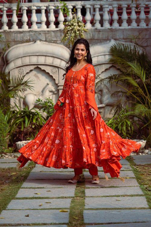 Gulmohar Red Printed Anarkali Set - Indiakreations