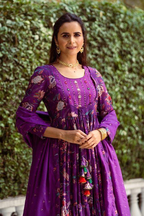 Gulmohar Purple tier Anarkali Set - Indiakreations