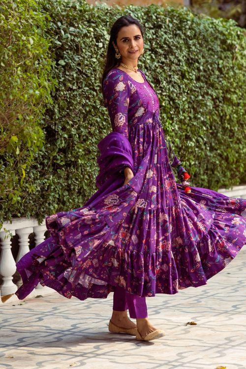 Gulmohar Purple tier Anarkali Set - Indiakreations