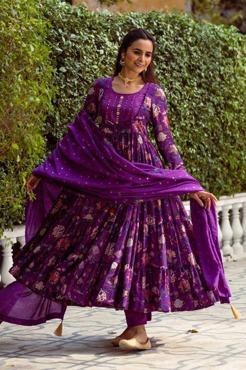 Gulmohar Purple tier Anarkali Set - Indiakreations