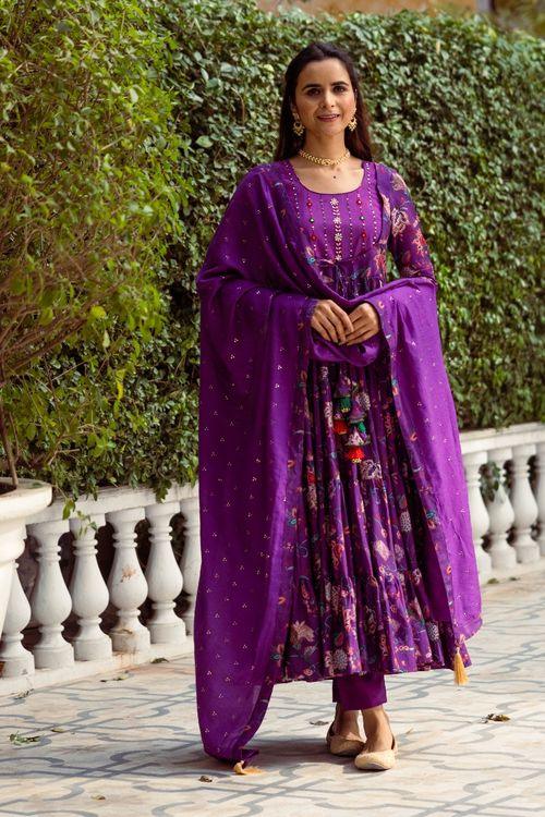 Gulmohar Purple tier Anarkali Set - Indiakreations