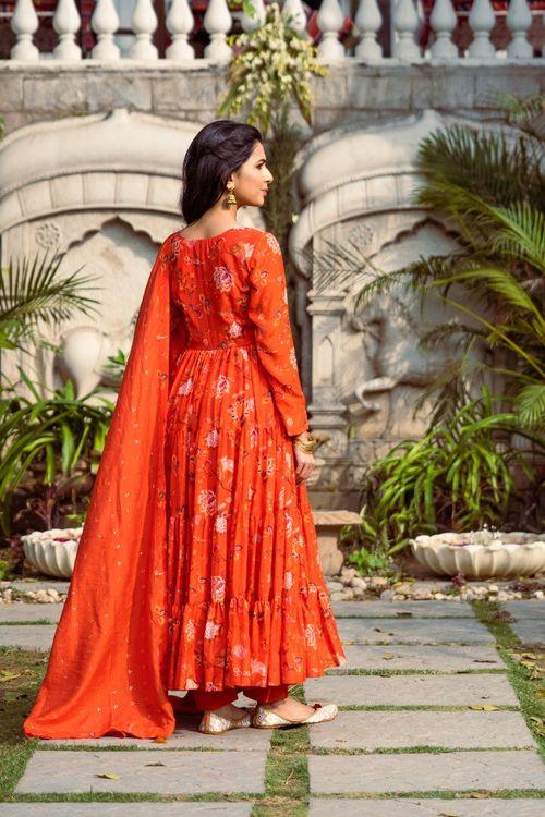 Gulmohar Red Printed Anarkali Set - Indiakreations