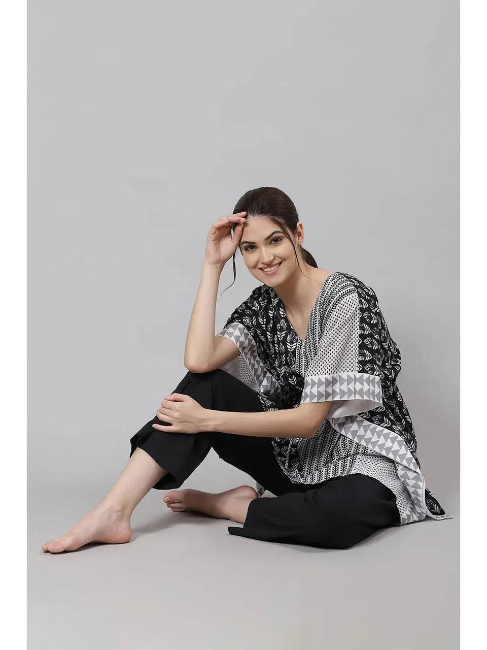 Women's Black And White Straight Cotton Sleepwear (Set of 2) - BIBA - Indiakreations