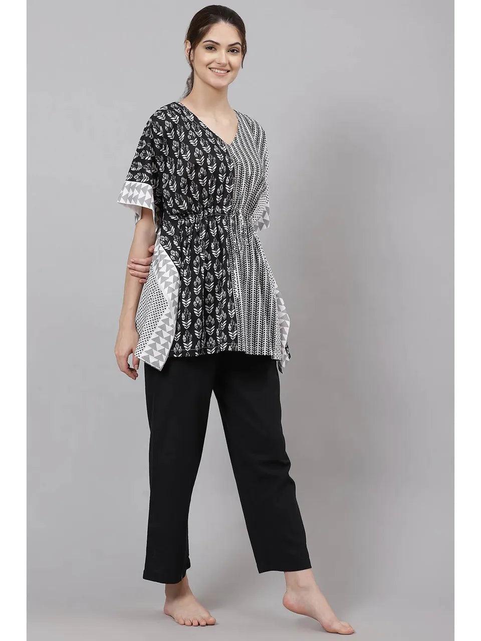 Women's Black And White Straight Cotton Sleepwear (Set of 2) - BIBA - Indiakreations