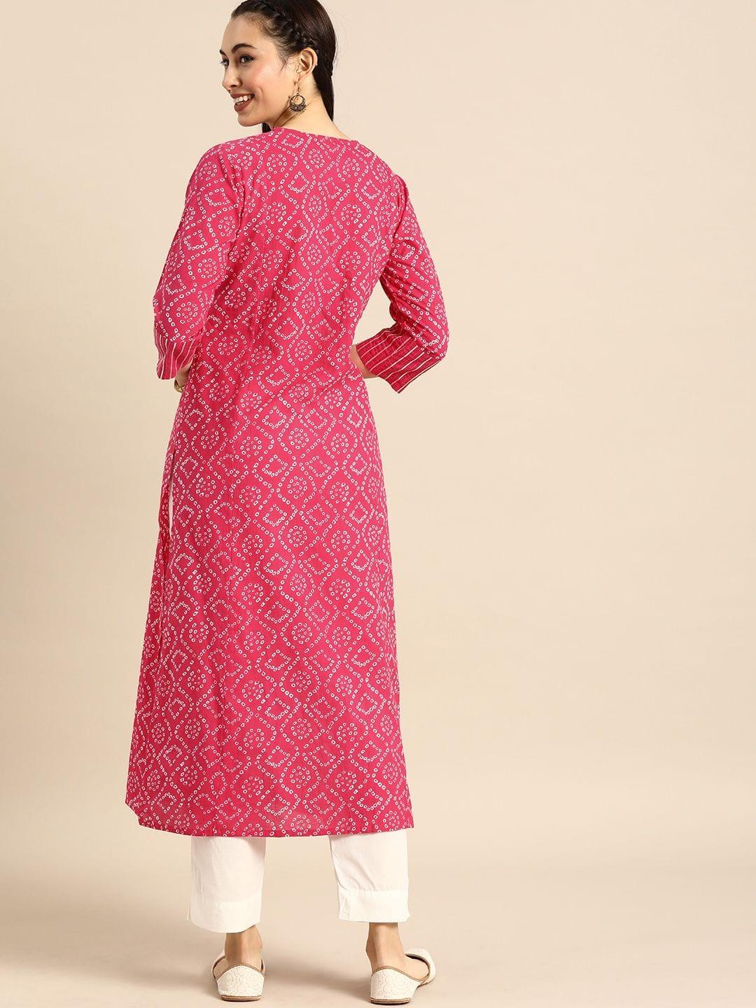 Pink & White Bandhani Printed Kurta - Indiakreations