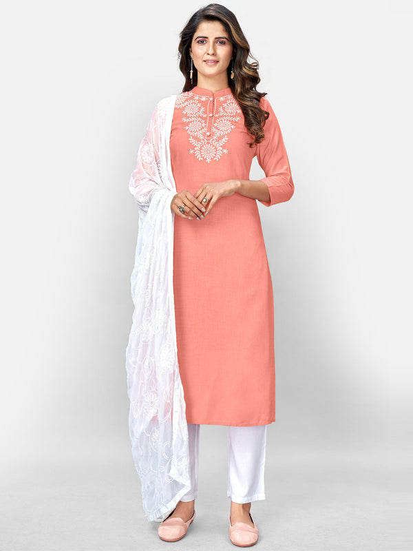 Women's Peach Rayon Kurta With Pant & Dupatta By Vbuyz (3Pcs Set)