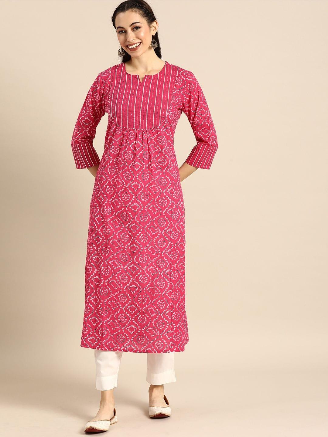 Pink & White Bandhani Printed Kurta - Indiakreations